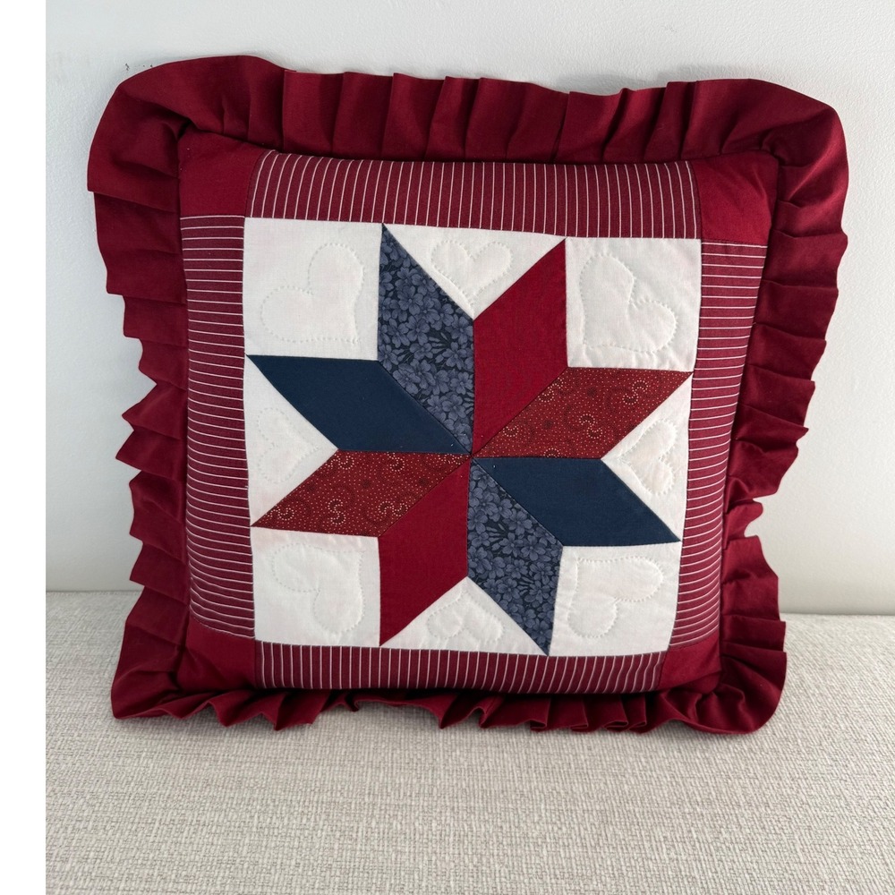 Handmade Quilted 8 Star Pattern Pillow w/Ruffle Americana Red White Blue